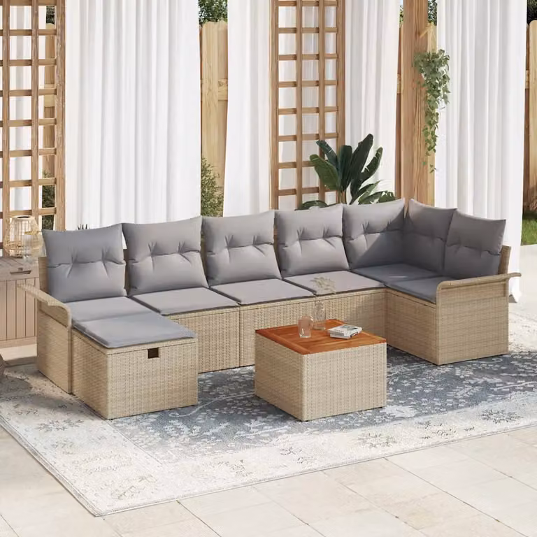 Set Divano da Giardino vidaXL 8 Pezzi in Polyrattan Beige con Cuscini e Tavolino da Esterno
