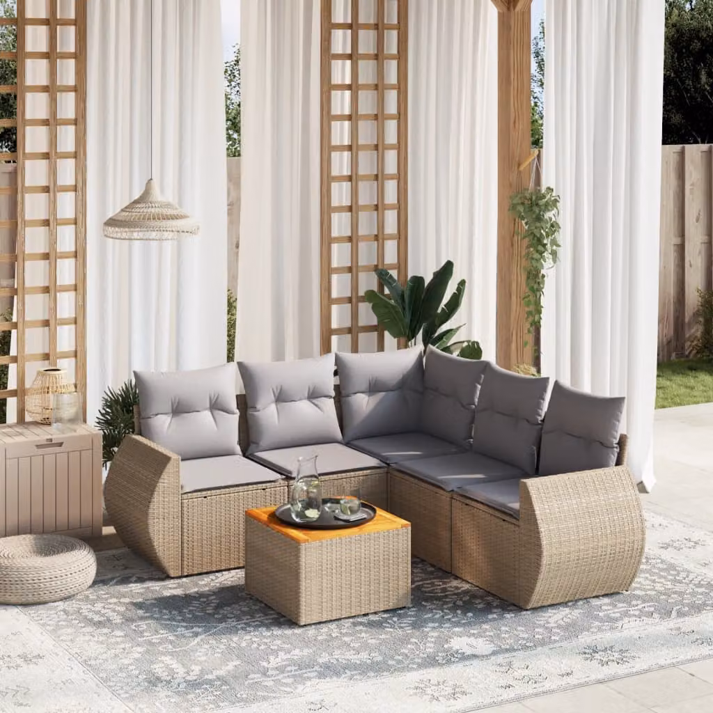 Set Divano da Giardino vidaXL 6 pz in Polyrattan Beige con Cuscini e Tavolino da Esterno a Forma di L – 1