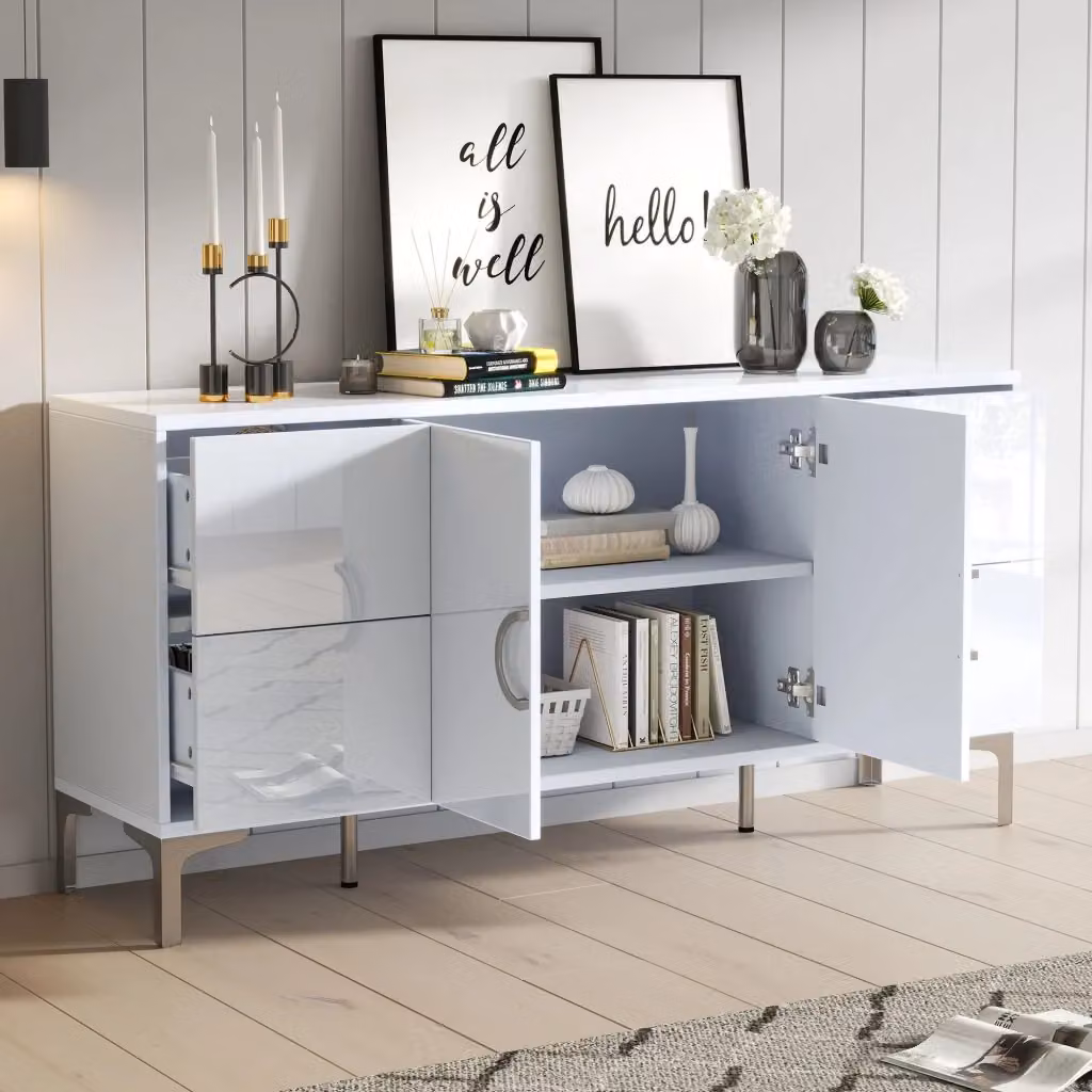 Credenza moderna bianca con 4 cassetti e 2 ante in MDF e metallo per soggiorno e sala da pranzo L/P/H: 150 x 38 x 59.5 cm – 2