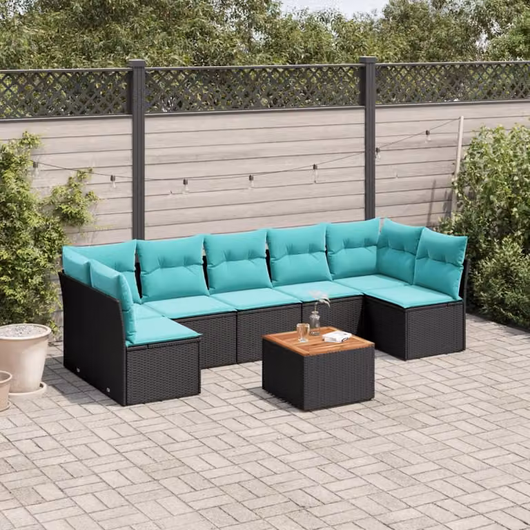 Set di divani da giardino vidaXL in polyrattan nero con cuscini e tavolino da esterno a forma di L
