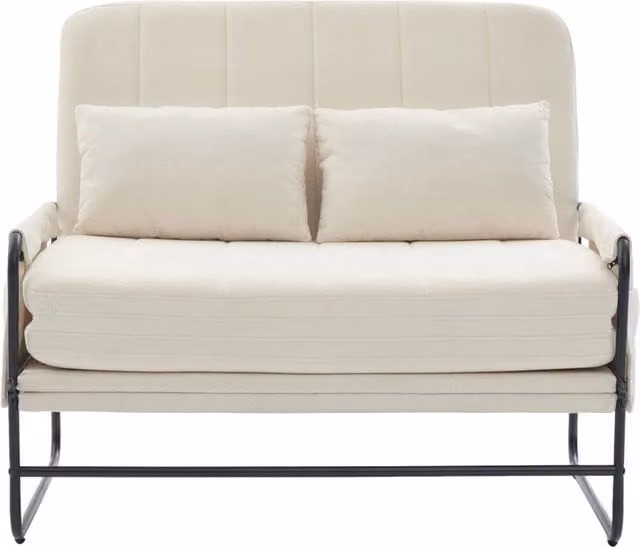 Divano letto a due posti pieghevole in chenille beige con struttura metallica, soluzione salvaspazio per casa e ufficio
