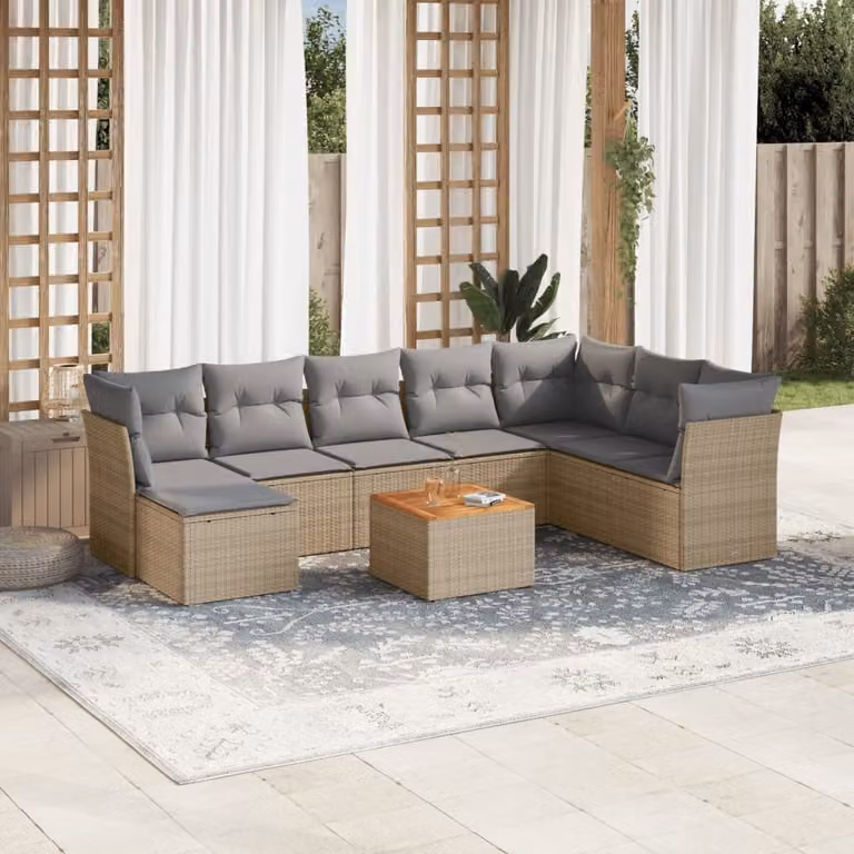 vidaXL Set Divano da Giardino a L 9 pz in Polyrattan con Cuscini Beige e Grigio