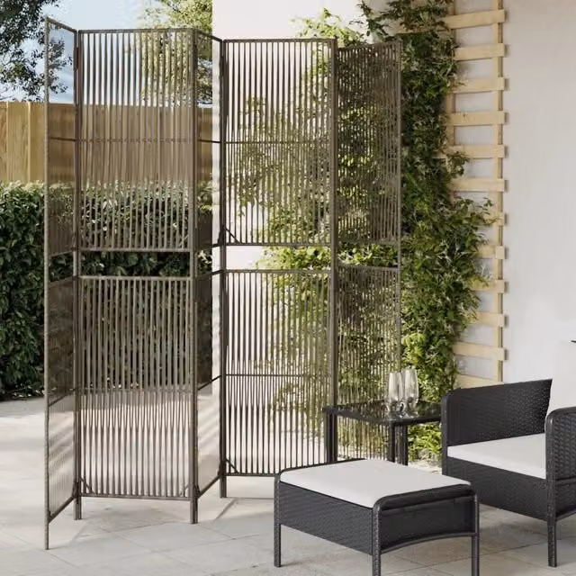 Paravento divisorio per ambienti a 6 pannelli in polyrattan e metallo grigio opaco