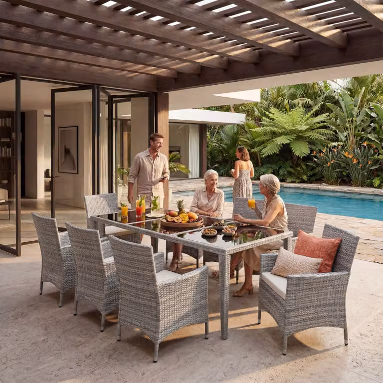 Set da giardino Menorca TecTake con tavolo in vetro e 8 sedie in polyrattan e alluminio, grigio chiaro e beige