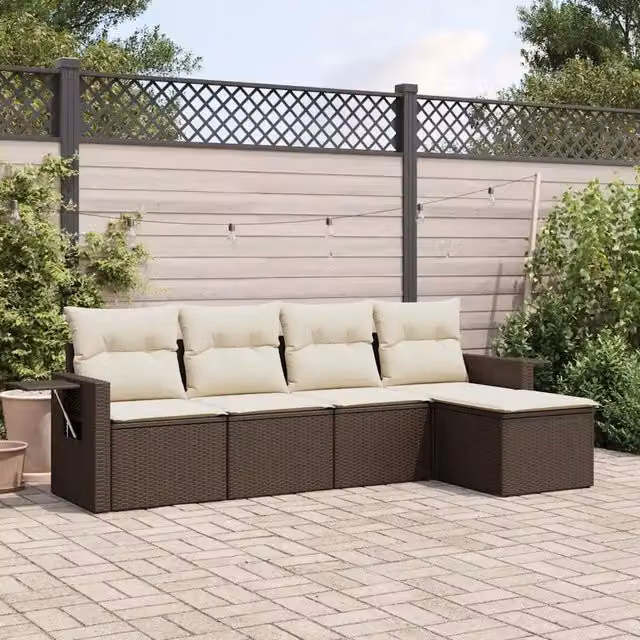 Set Divano da Giardino 5 pz con Cuscini-Sofa da Giardino-Divanetto da esterno Marrone in Polyrattan 268910