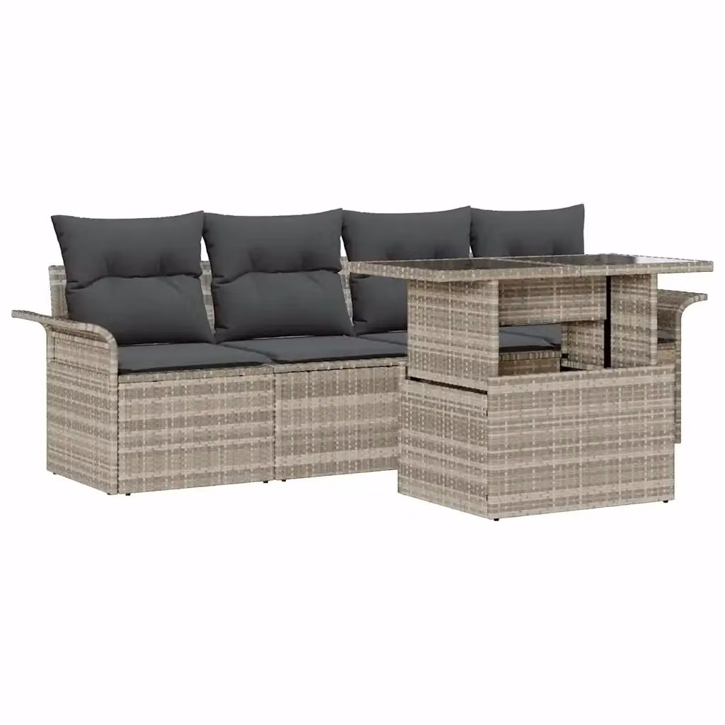 Set da giardino moderno vidaXL composto da 5 pezzi con divano da esterno a 2 posti, tavolino da caffè e cuscini in tessuto grigio con struttura in metallo e dettagli in rattan e vetro – 2