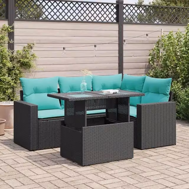 Set Divani da Giardino 5 pz con Cuscini Nero Polyrattan Acacia 3326308