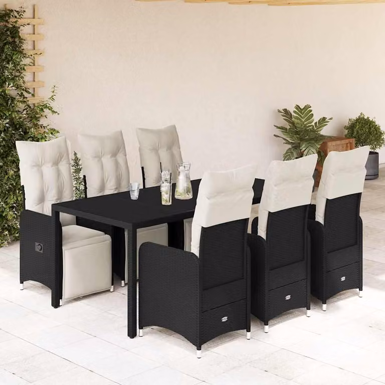 Set da Bistrò da Giardino 7 pz vidaXL in Polyrattan Nero con Cuscini e Piano in Vetro