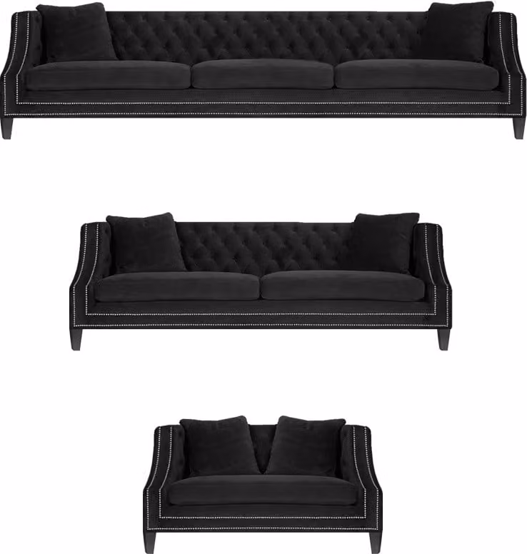 Chesterfield Sofagarnitur 2x Sofas Chesterfield Sessel Schwarz Polster Stoff