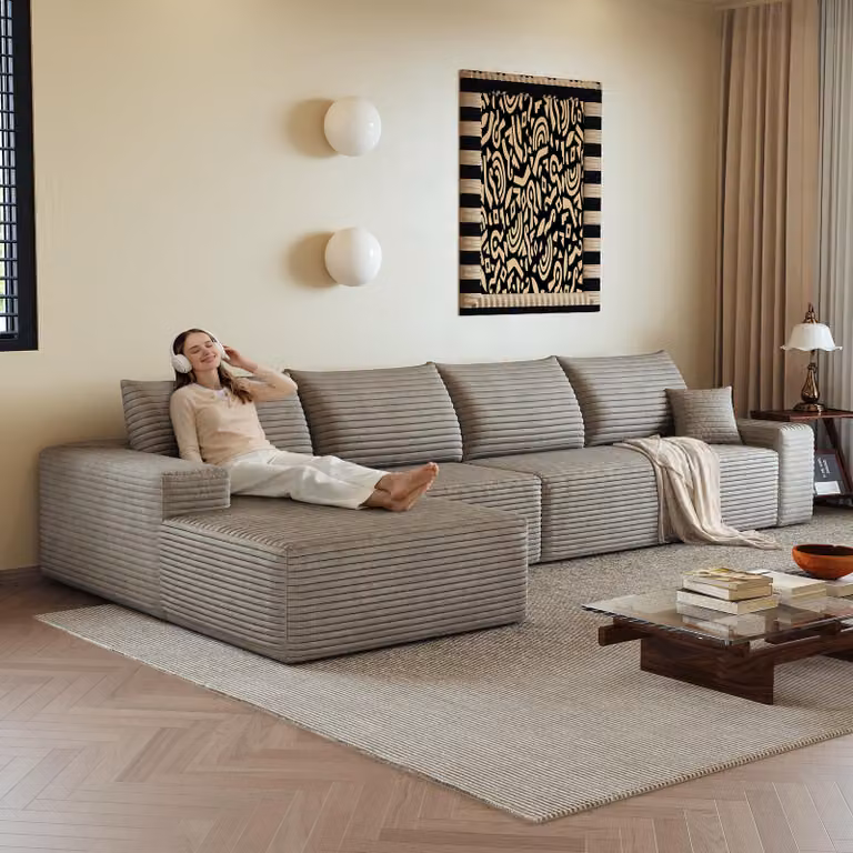 Divano angolare modulare senza sponde, 340 cm, forma a L, seduta profonda, senza necessità di montaggio, divano compattabile (colore: cammello)