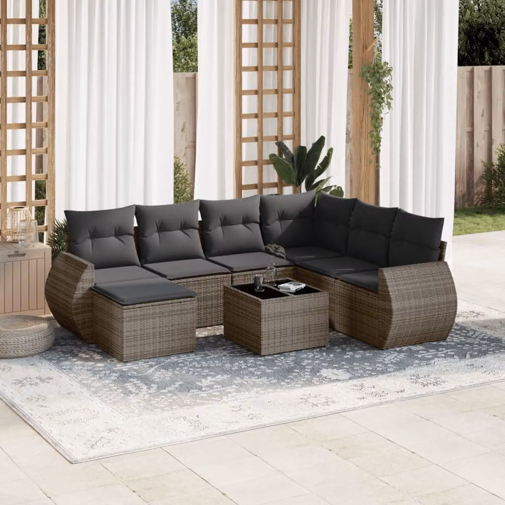 vidaXL Set Divano da Giardino 8 pz in Polyrattan Grigio con Cuscini Imbottiti e Tavolino – 1