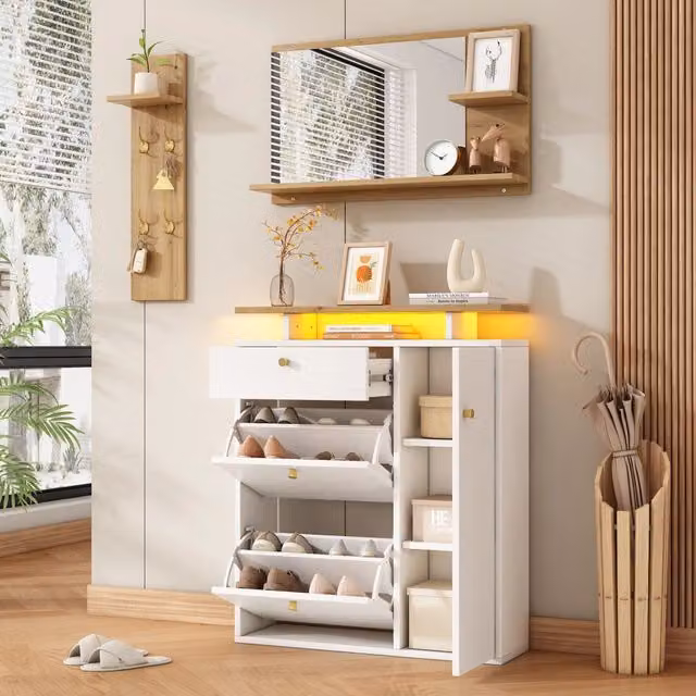 Set Ingresso 3 Pezzi con Specchio, Appendiabiti LED, Ganci e Scarpiera ¨C MINIMAL ¨C Bianco/Naturale 105x25x151.5 cm