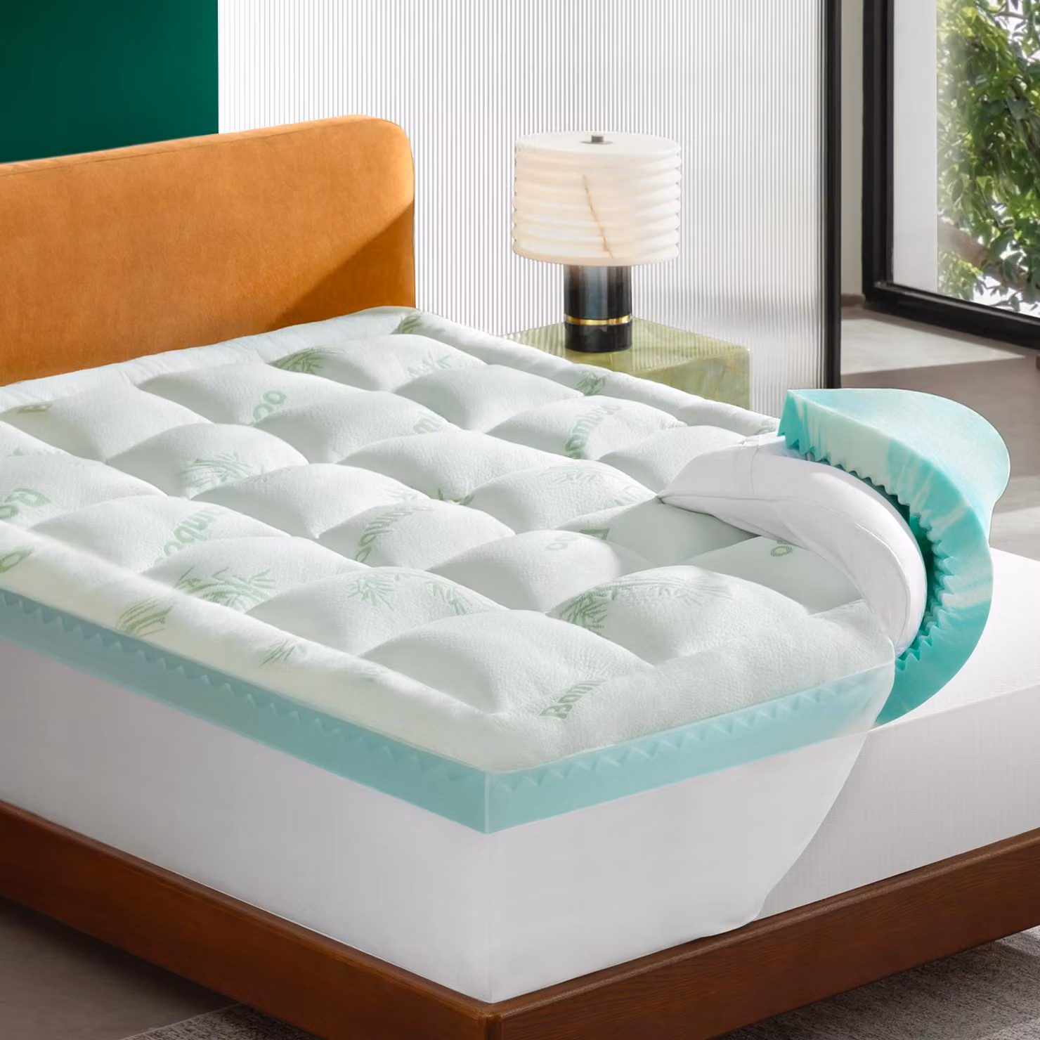 NicePlus, materasso topper 2-in-1, 160x200x7 cm, con imbottitura in memory foam a 5 zone e strato superiore in bambù, dotato di angoli elasticizzati per adattarsi a tutti i tipi di materasso, livello di comfort H2, colore verde