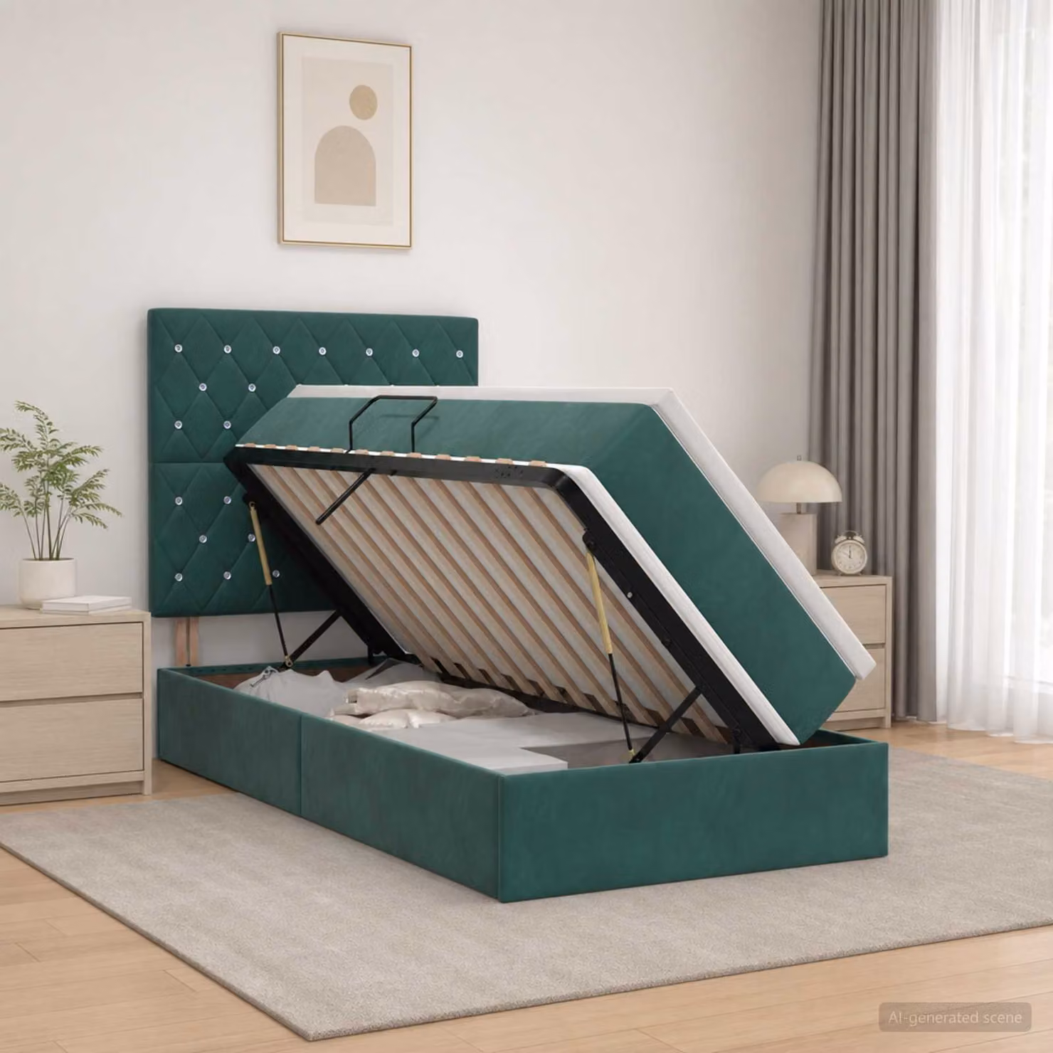 Letto con contenitore e materasso vidaXL in velluto verde scuro con base a sollevamento, porta USB e illuminazione sottostante, L/P/H: 204 x 90 x 140 cm
