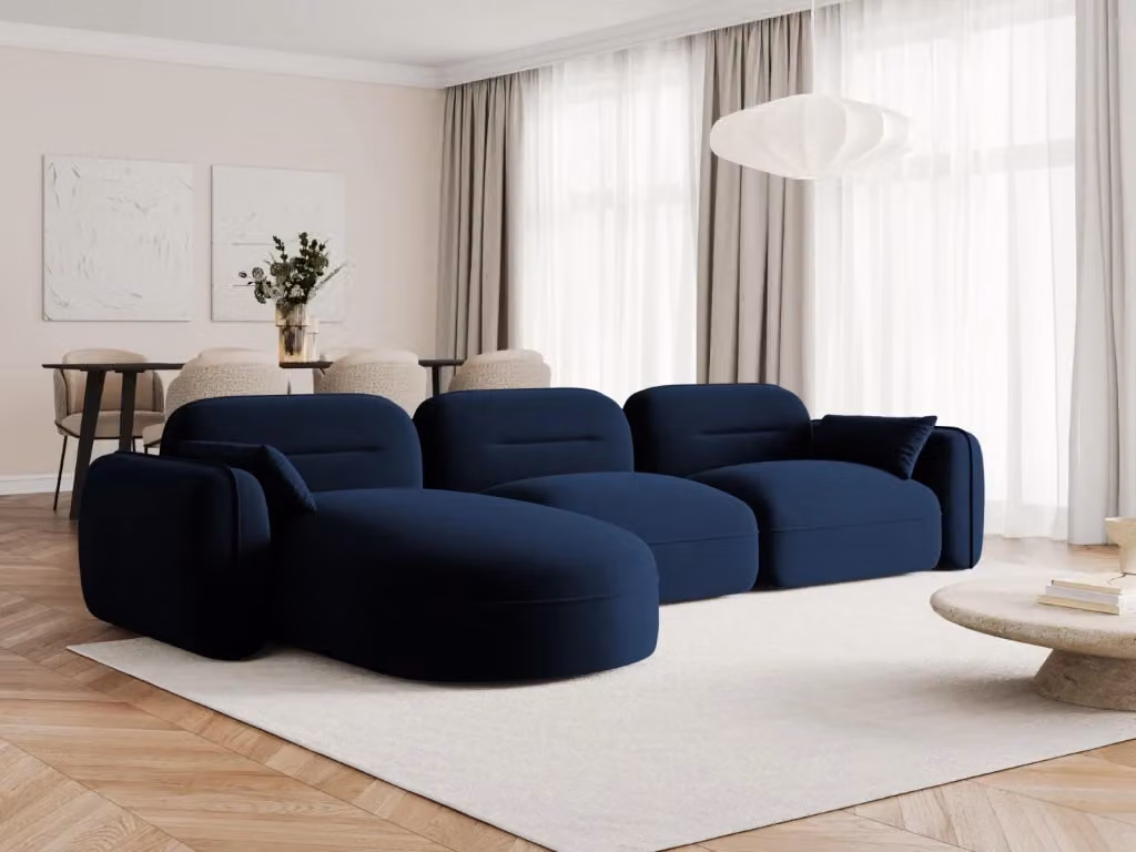 Divano angolare modulare Sydney Cosmopolitan Design, 4 posti in velluto blu, configurazione sinistra, L/P/H: 320 x 140 x 70 cm – 2