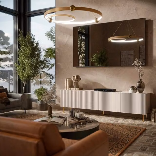Mobile porta TV Varenna DMORA, Madia da salotto moderna con quattro ante battenti e chiusura soft-close, Beige, L 200 cm x P 42 cm x H 52 cm