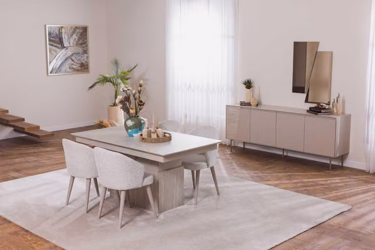 Tavolo da pranzo, sedia, credenza, specchio, stile moderno, colore beige, nuovo, cucina