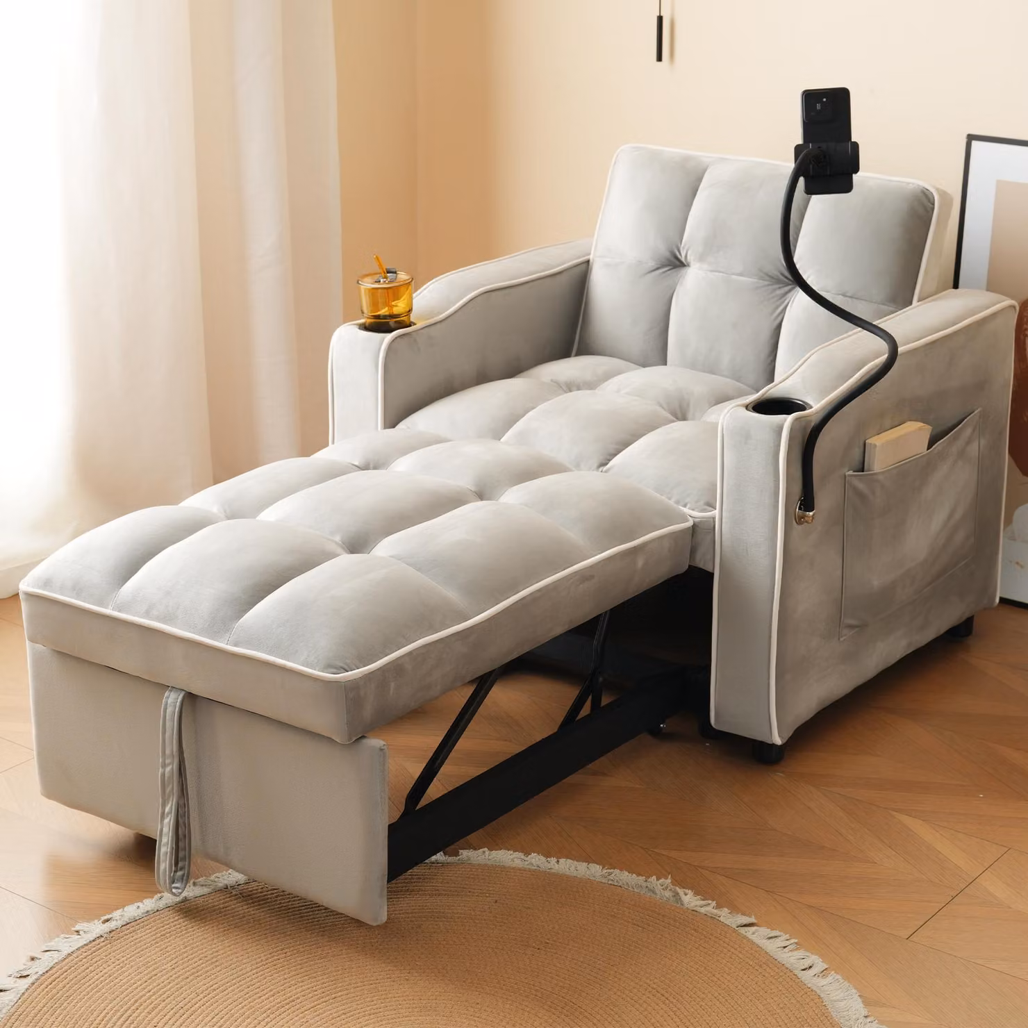 Divano letto estraibile 3-in-1 ZR Home in velluto con portabicchieri e porta smartphone, struttura in metallo, L/P/H: 167 x 83 x 76 cm, Grigio e bianco – 2