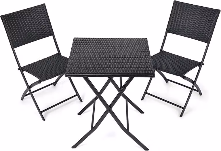 Set di mobili da giardino: tavolo pieghevole e 2 sedie - 3 pezzi - Per 2 persone - Materiale: rattan - Struttura: metallo - Dimensioni: 60 x 60 x 72 cm - Colore: nero