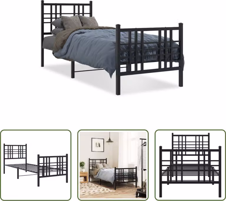 The Living Store Struttura letto con testiera e pediera in metallo nero 75x190 cm