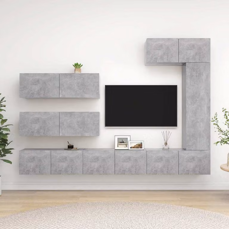 Set di mobili porta TV moderno vidaXL composto da 7 pezzi in legno e MDF, colore grigio cemento