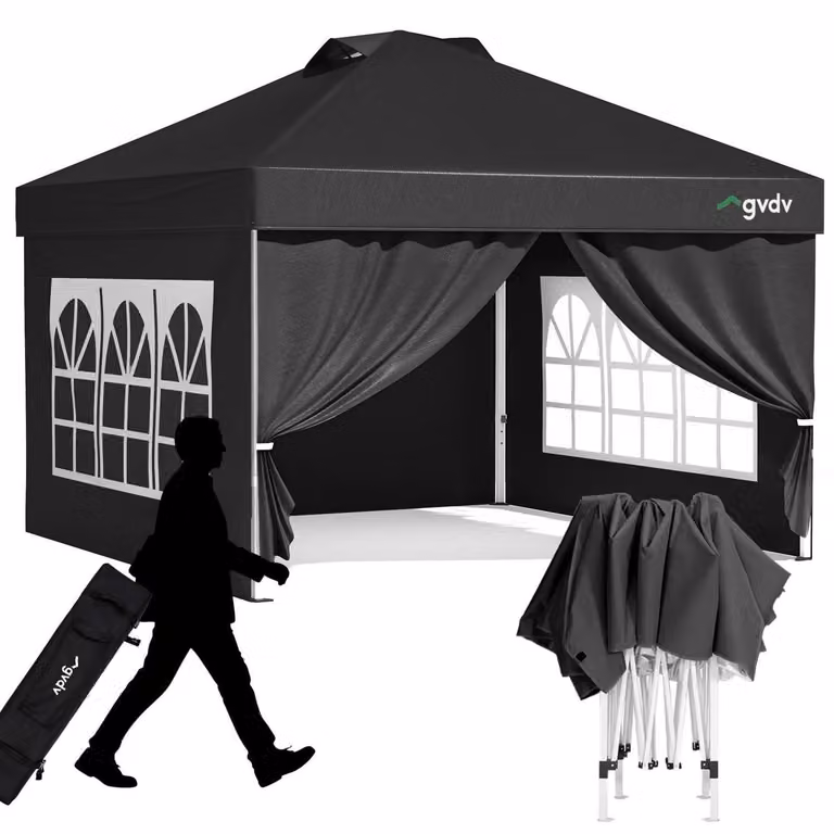 Gazebo da esterno 3x3 metri, impermeabile, stabile, resistente alle intemperie invernali, con 4 pareti laterali e borsa per il trasporto, altezza regolabile, protezione solare UPF 50+, colore nero
