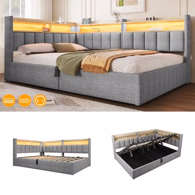 Letto imbottito 140x200 in velluto grigio con contenitore; LED RGB e porte USB