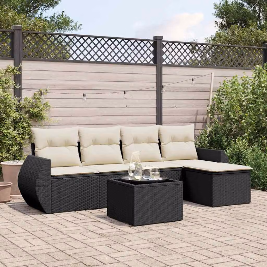 Set Divano da Giardino a L vidaXL 6 pz in Polyrattan Nero con Cuscini e Tavolino – 1