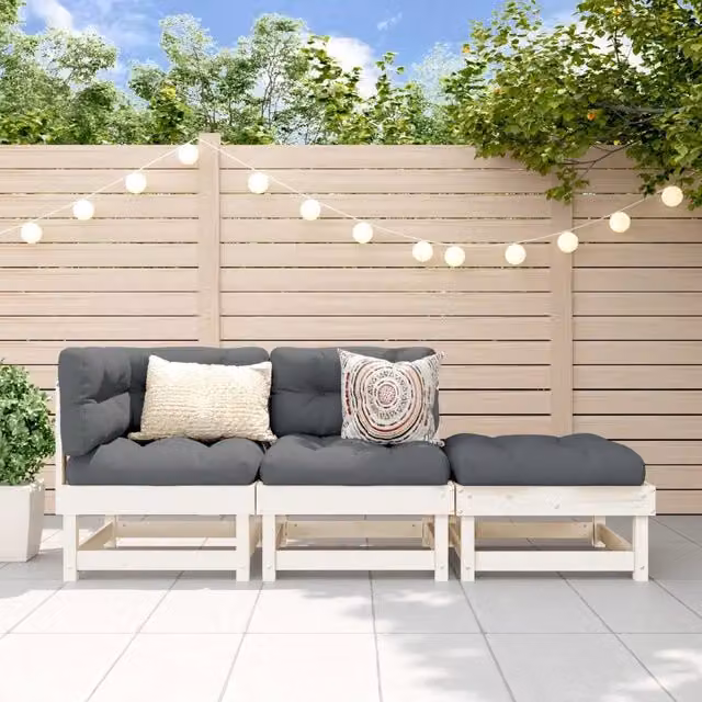 Set Salotto da Giardino L Shape vidaXL in Legno di Pino con Cuscini Bianchi e Grigi