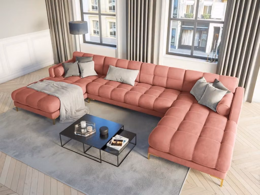 Divano panoramico Bali da 7 posti Cosmopolitan Design in velluto rosa con dettagli oro e struttura in metallo L/P/H: 383 x 155 x 75 cm – 2