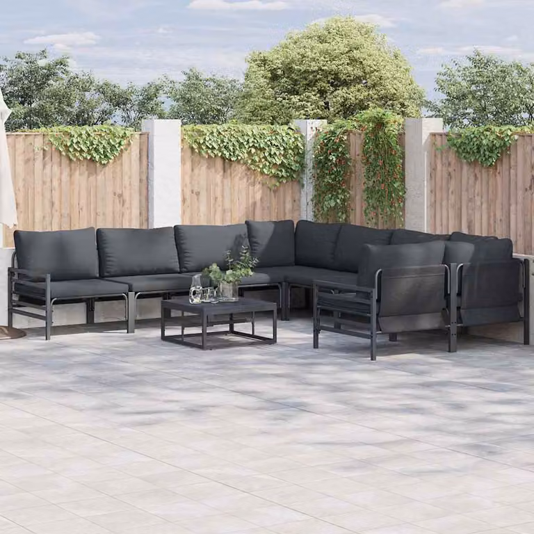 vidaXL Set Divano da Giardino 9 pz a Forma di L con Tavolino, Acciaio Verniciato e Cuscini, Antracite/Nero