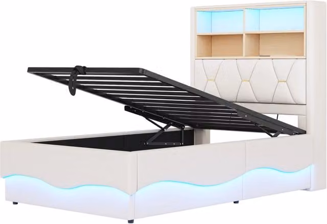 Letto per bambini 90x200 cm in lino con contenitore idraulico, luci LED controllate da app e presa USB, struttura in metallo beige
