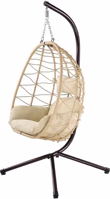 Poltrona Sospesa Giardino Sedia Dondolo Amaca Pensile Rannat e Metallo Beige