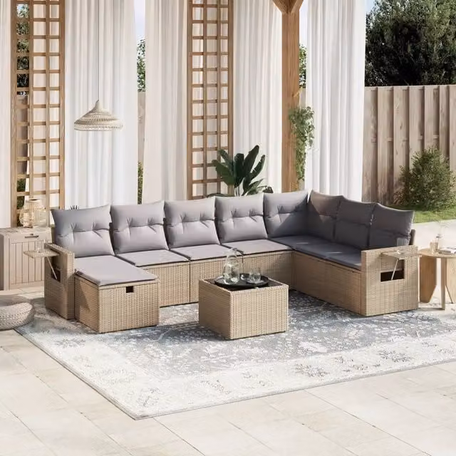 Set Divano da Giardino 9 pz con Cuscini Beige Misto Polyrattan 3263905