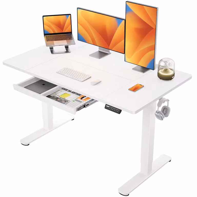 Scrivania regolabile in altezza con cassetto, dimensioni 140x80 cm, colore bianco
