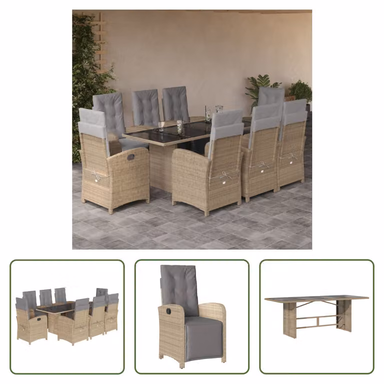 The Living Store Set da pranzo da giardino 9 pezzi con cuscini Beige poly rattan
