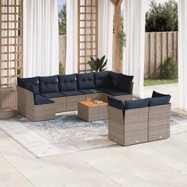 vidaXL Set di Divani da Giardino 10 Pezzi in Polyrattan con Cuscini Grigio e Blu e Tavolino da Caffè
