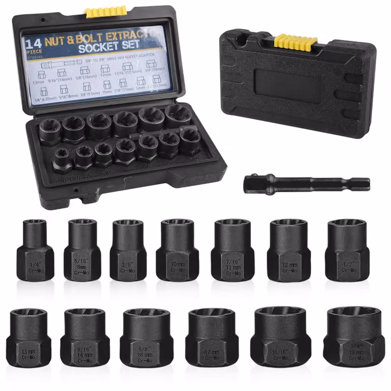 Set di estrattori per viti, composto da 14 pezzi, con adattatore esagonale, da 6,35 a 19 mm, ideale per il fai-da-te