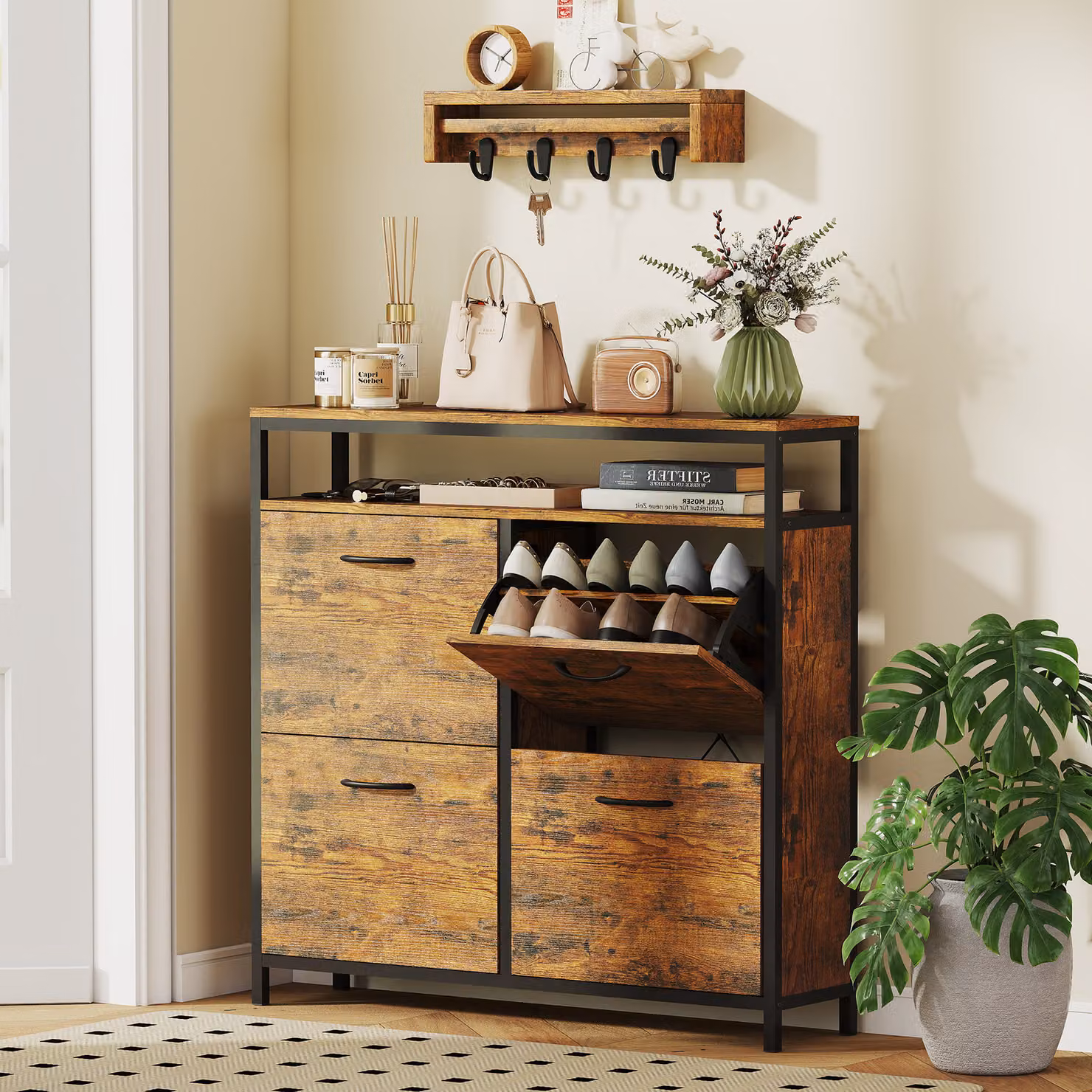 Scarpiera mobile HOMCOM marrone con 4 cassetti a ribalta e ripiano aperto, design stretto in stile industriale per 12-20 paia di scarpe – 2
