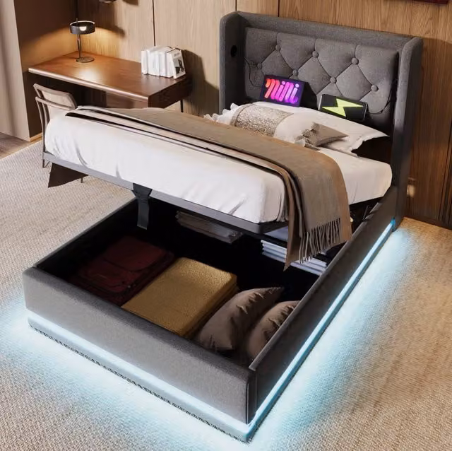 Letto singolo imbottito 90x200 cm grigio in cotone con contenitore idraulico, testiera con ricarica USB-C e luce LED a 3 lati (senza materasso)