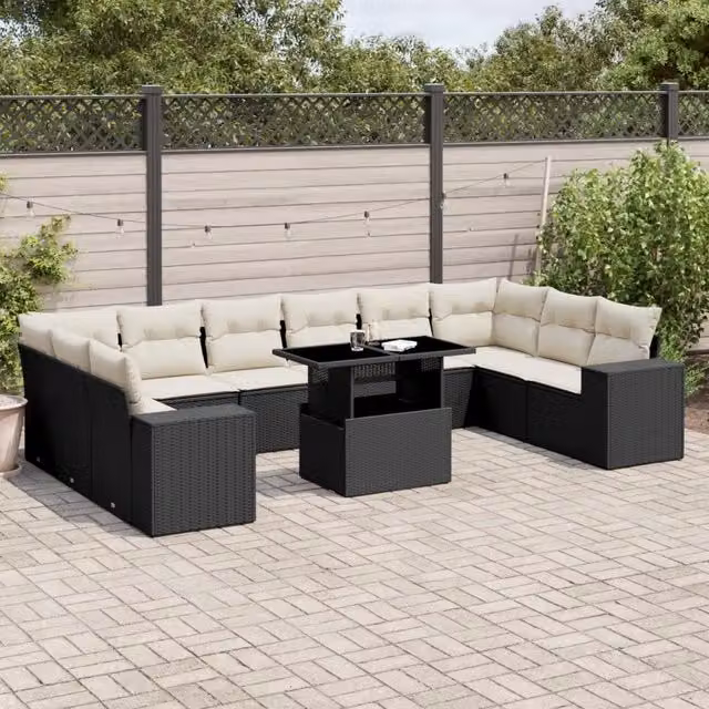 Set di Divani da Giardino a Forma di U vidaXL in Polyrattan Nero con Cuscini e Tavolino da Esterno – 1