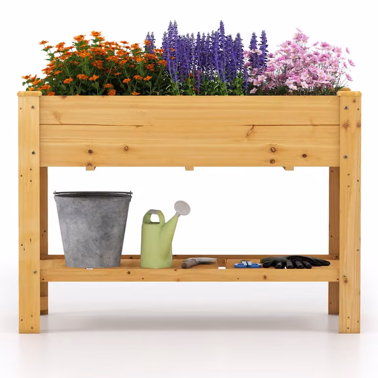 Aiuola da giardino rialzata Costway in legno marrone con gambe e ripiano contenitore per orto e piante ornamentali L: 120 cm, P: 60 cm, H: 80 cm