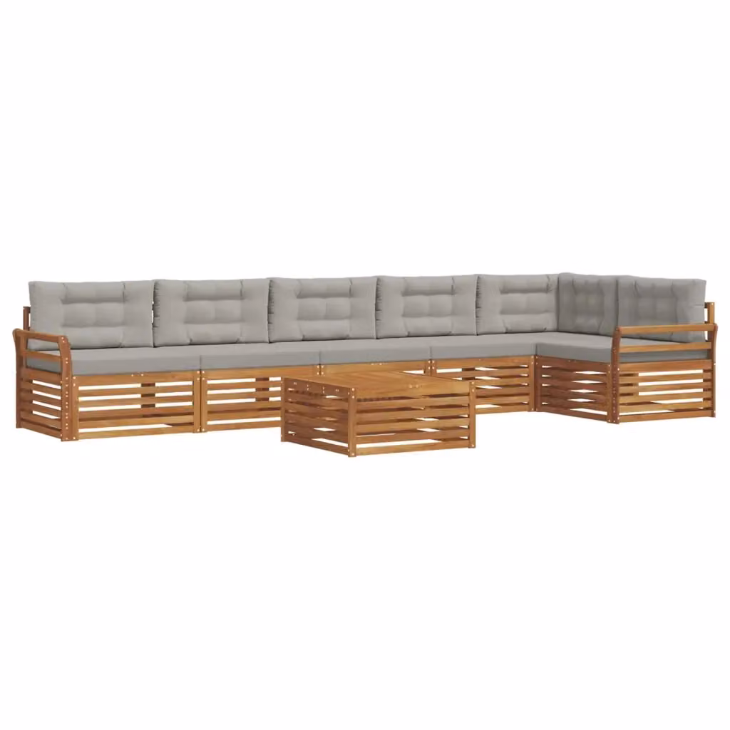 Set di divani da esterno a L con tavolo da caffè vidaXL, 7 pezzi in legno di acacia e tessuto grigio – 2