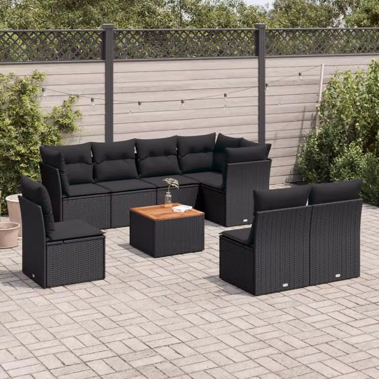 Set di divani da giardino vidaXL in polyrattan nero con cuscini e tavolino da esterno a forma di L