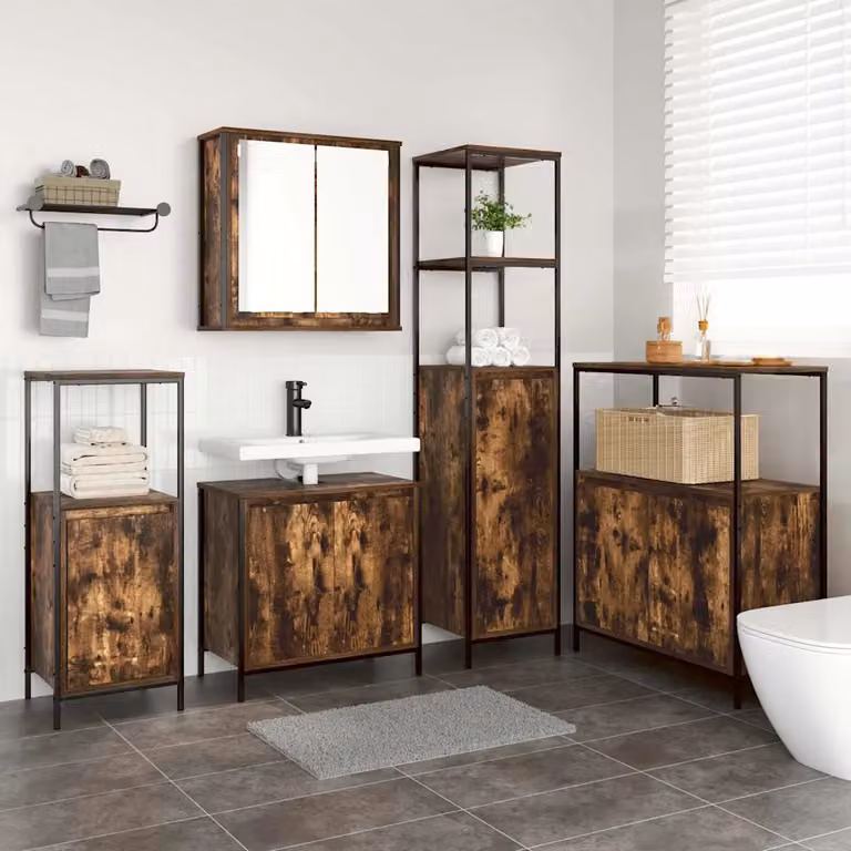 Set di mobili per il bagno moderno vidaXL composto da 5 pezzi in colore rovere affumicato e nero con vanità e pensili a muro L/P/H: 165 x 80,7 x 36 cm