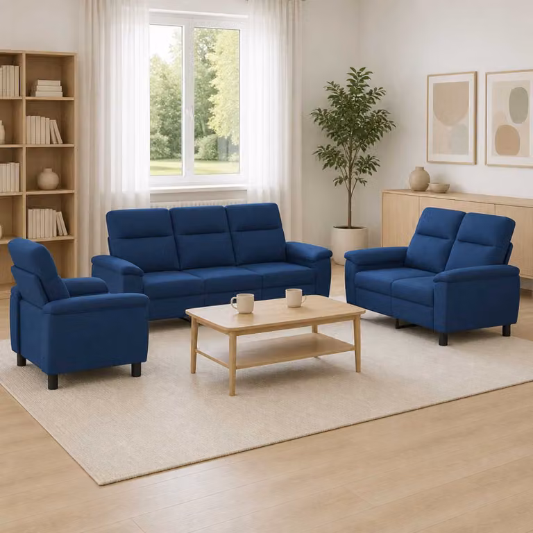 Set di divani moderno vidaXL in tessuto blu con struttura in metallo, composto da un divano a 3 posti e un divano a 2 posti con cuscini inclusi