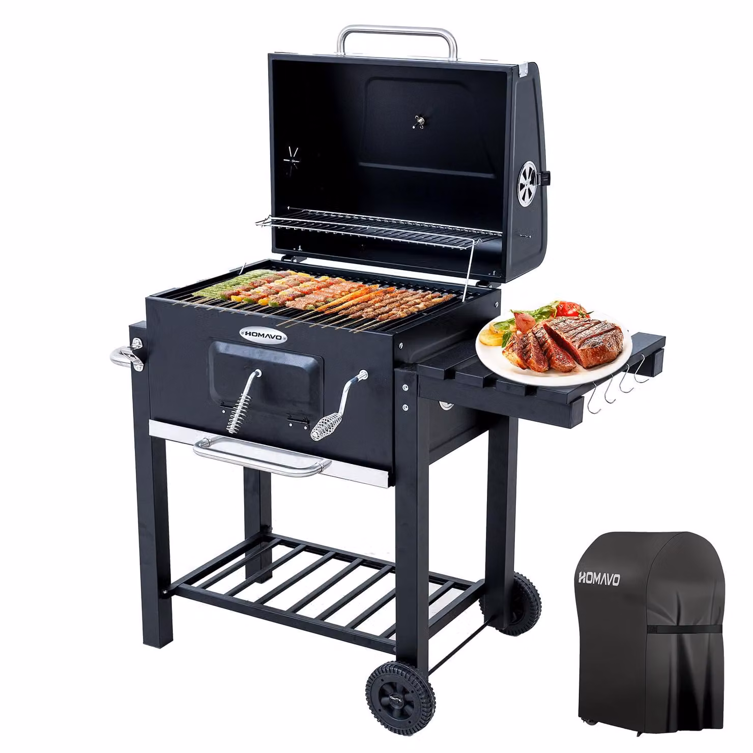HOMAVO Barbecue a carbone con coperchio, superficie di cottura 56x42,5cm,griglia regolabile,tavoli laterali pieghevoli,copertura impermeabile inclusa
