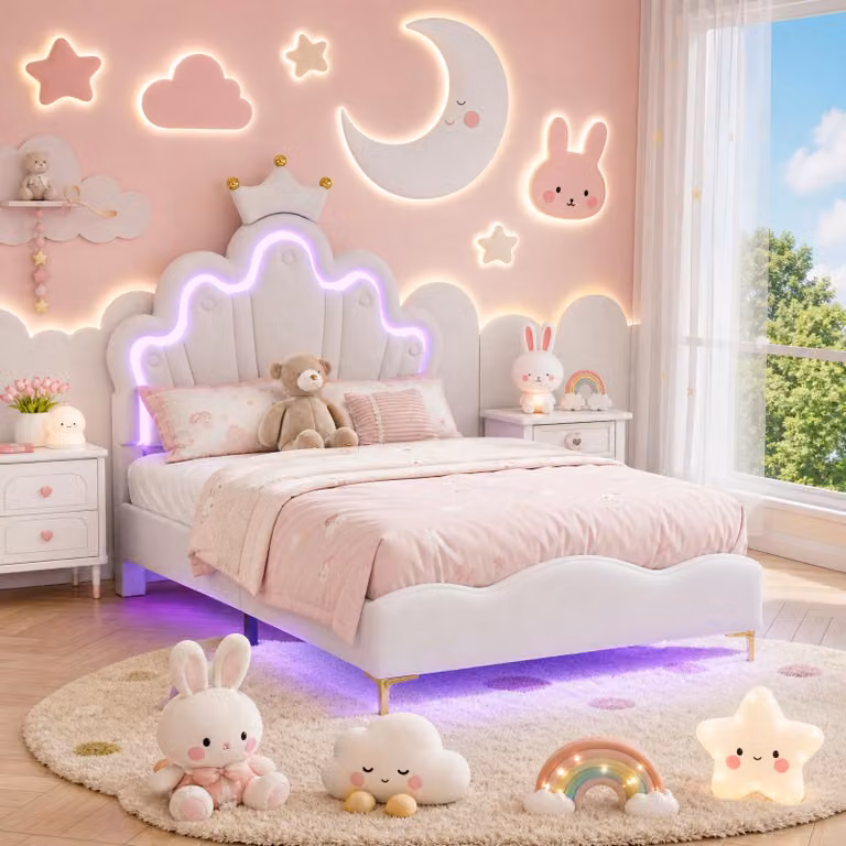 Letto per bambini INONEFT, 90 x 200 cm, con imbottitura, ideale per bambine, letto a forma di principessa con poggiatesta LED regolabile, letto singolo con rete a doghe, realizzato in PU, colore bianco