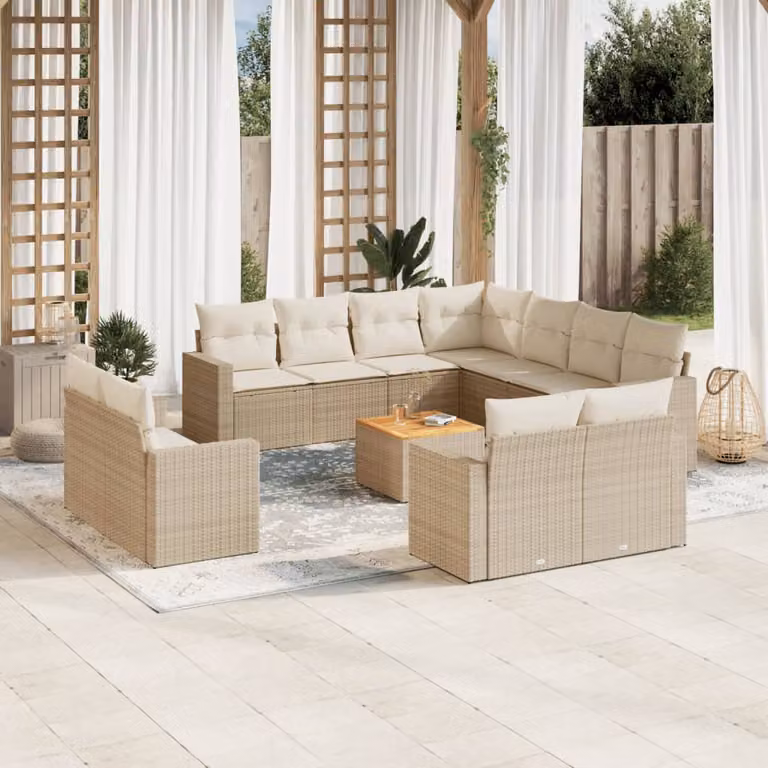 Set di divani da giardino vidaXL a forma di U in polyrattan con cuscini beige e tavolino da esterno