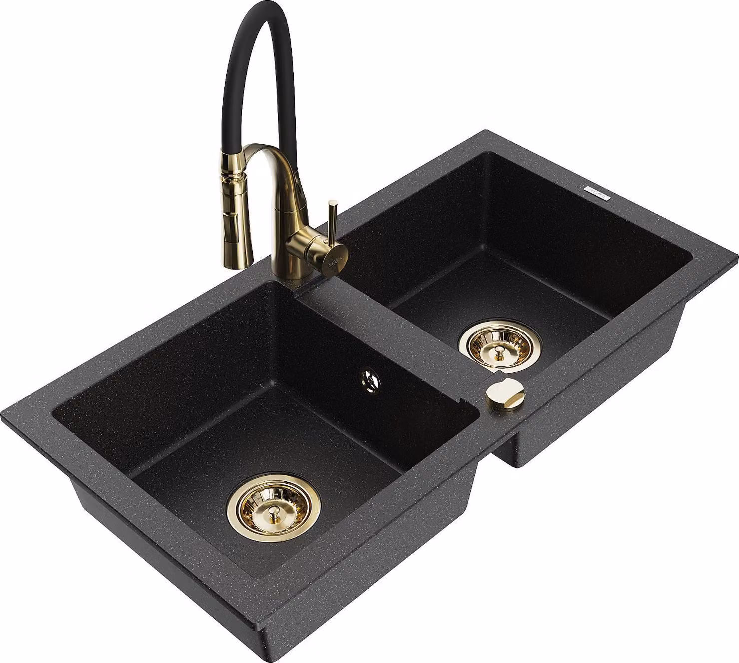 Mexen Mario lavello in granito a 2 vasche con rubinetto da cucina Aster, nero/argento metallizzato - 6504-73-73450-57-G